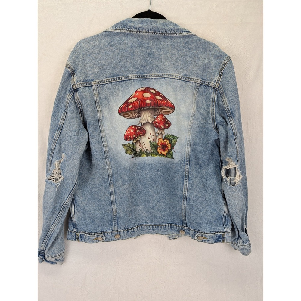 Mushroom Denim Jean Jacket Women Large Distressed Forest Fairy Nature Woodland